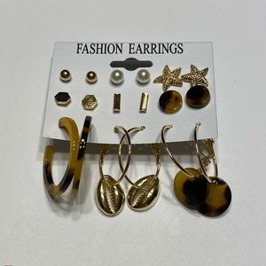 NWOT 9 Pair Starfish Tortoise Hoop Gold Earrings